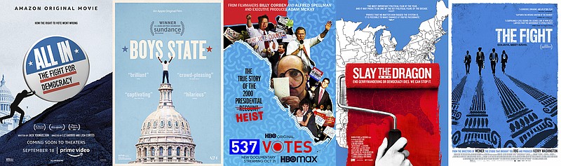 This combination photo shows poster art for political documentaries, from left, "All In: The Fight for Democracy," "Boys State," "537 Votes,"   "Slay the Dragon," and "The Fight."  The election has unleashed an avalanche of documentaries like no season before it. Dozens of films, exploring issues from gerrymandering to white supremacists, have sought to illuminate the many issues and trends voters are confronting at the polls on Tuesday. In a presidential election of enormous stakes, filmmakers have rushed to finish their films before Election Day. (Amazon, from left, Apple TV Plus, HBO Max, Magnolia Pictures, Magnolia Pictures via AP)