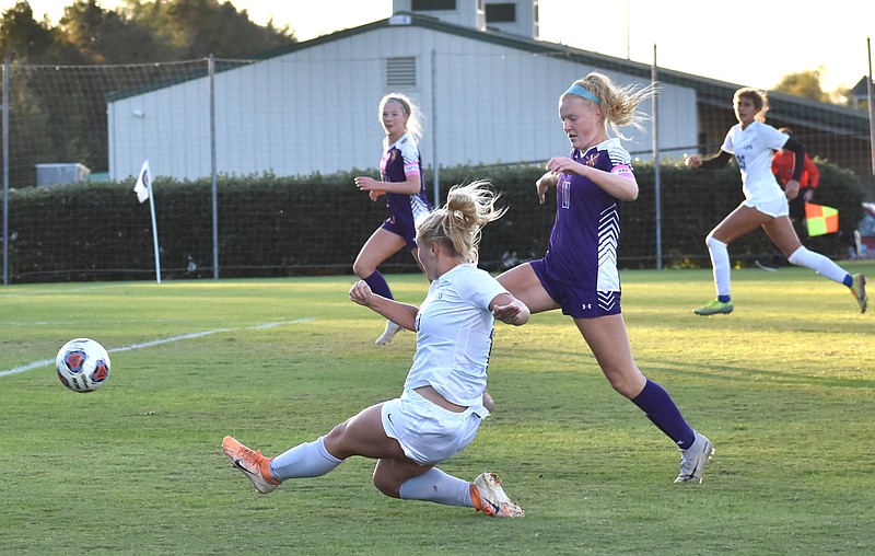 Staff photo by Patrick MacCoon / GPS senior Ashley Grant puts a shot on goal in the first half of Sunday's TSSAA Division II-AA state championship game at the Richard Siegel Soccer Complex in Murfreesboro. Father Ryan scored all of its goals in the second half to win 3-2.