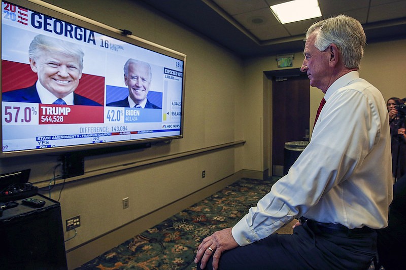 Republican Senate candidate Tommy Tuberville watches the results come in as he waits at his watch party at the Renaissance Hotel on Tuesday, Nov. 3, 2020, in Montgomery, Ala. (AP Photo/Butch Dill)