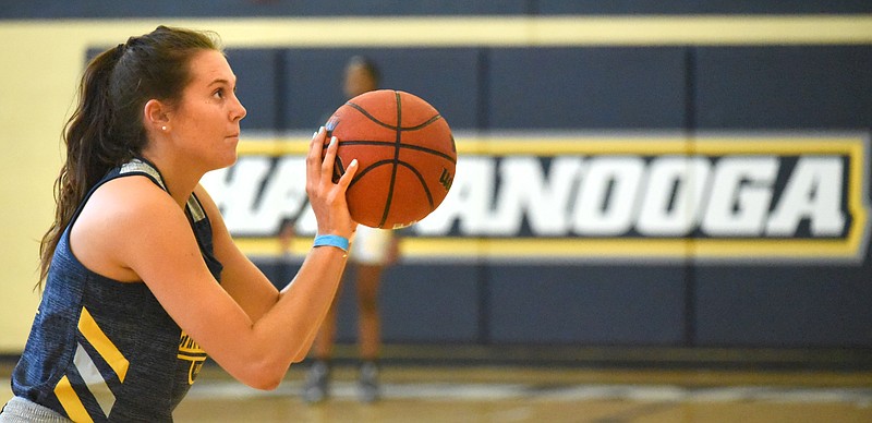 Staff photo by Matt Hamilton / Anna Walker lines up a free throw during the UTC women's basketball team's Oct. 15 practice. Walker, who prepped at Bradley Central, has common ground with current Mocs coach Katie Burrows in being a former Chattanooga-area standout going on to play for UTC. Burrows starred at Lookout Valley before joining the Mocs as a player in 2000.