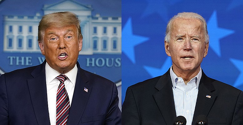 Combination of two AP photos / President Donald Trump, left, speaks at the White House on Thursday, Nov. 5, 2020, in Washington, and Democratic presidential candidate former Vice President Joe Biden, right, speaks Thursday, Nov. 5, 2020, in Wilmington, Del. (AP Photos/Carolyn Kaster and Evan Vucci)