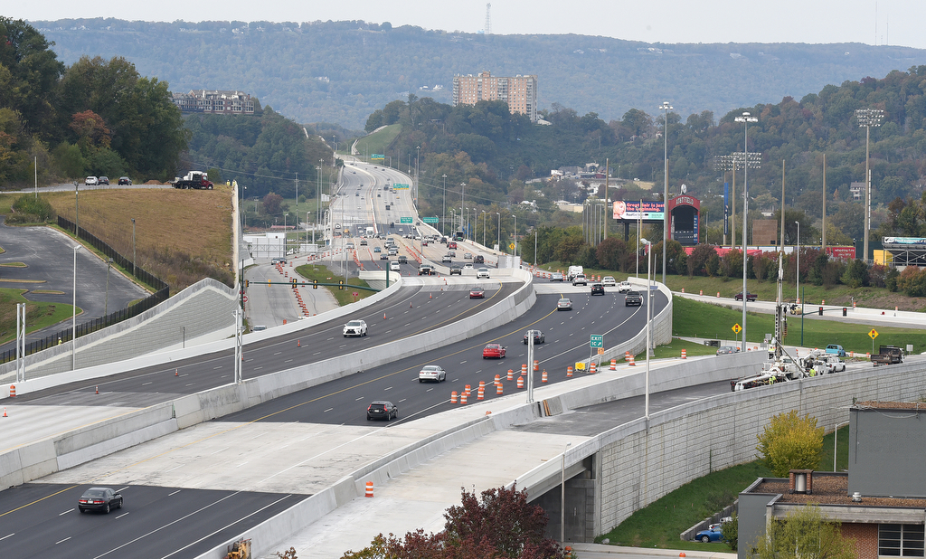 Staff Photo by Matt Hamilton / Vehicles drive along U.S. Highway 27 as seen from the 10th floor of the Westin Hotel on Thursday, Nov. 5, 2020. Construction crews on the $143.2 million U.S. Highway 27 improvement project in downtown Chattanooga are working on the last details and are on schedule to complete the project by the end of the year. Dement Construction Co., LLC is the contractor on the project that started in late 2015.