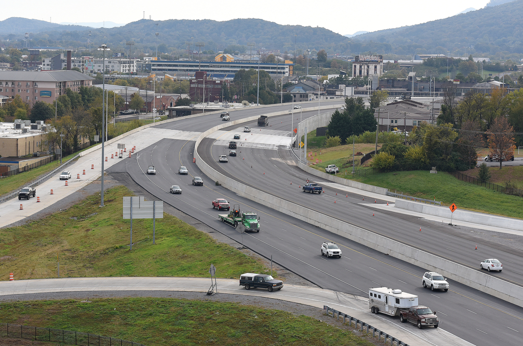 Staff Photo by Matt Hamilton / Vehicles drive along U.S. Highway 27 as seen from the 10th floor of the Westin Hotel on Thursday, Nov. 5, 2020. Construction crews on the $143.2 million U.S. Highway 27 improvement project in downtown Chattanooga are working on the last details and are on schedule to complete the project by the end of the year. Dement Construction Co., LLC is the contractor on the project that started in late 2015.