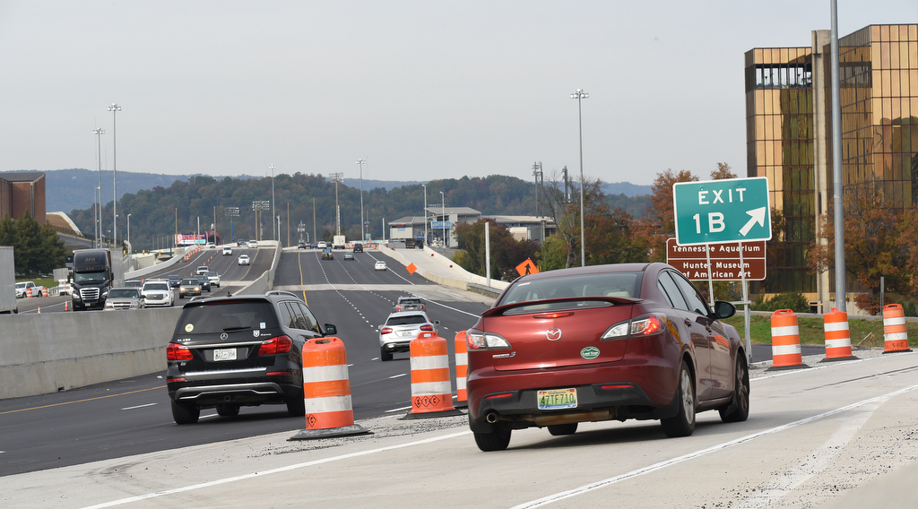 Staff Photo by Matt Hamilton / Vehicles drive along U.S. Highway 27 on Thursday, Nov. 5, 2020. Construction crews on the $143.2 million U.S. Highway 27 improvement project in downtown Chattanooga are working on the last details and are on schedule to complete the project by the end of the year. Dement Construction Co., LLC is the contractor on the project that started in late 2015.