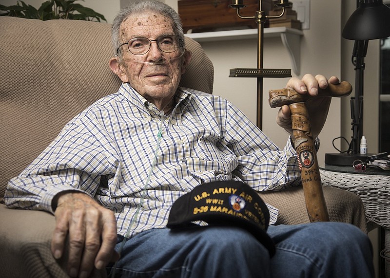 Staff photo by Troy Stolt / World War 2 veteran Edward Ryon poses for a portrait on Tuesday, Oct. 20, 2020 in Collegedale , Tenn. Ryon served as a B-26 Pilot in Europe during the war, a plane that was given the nickname "The Widowmaker". 