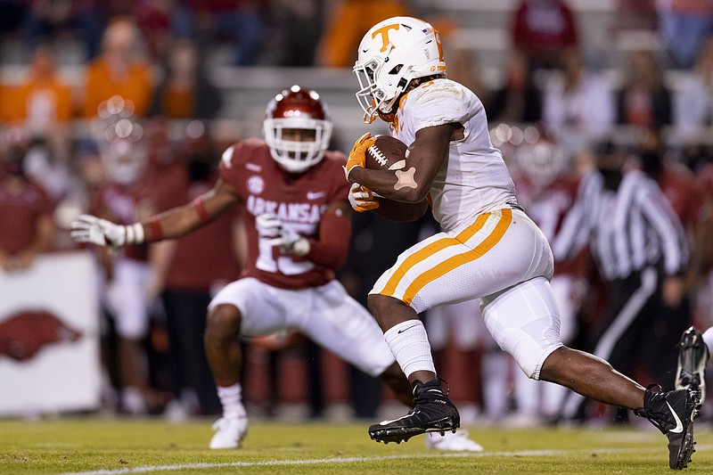 Tennessee Athletics photo by Andrew Ferguson / Tennessee running back Eric Gray scored a touchdown to help the Vols take a 10-0 lead against Arkansas on Saturday night in Fayetteville, but the Razorbacks rallied to win 24-13.