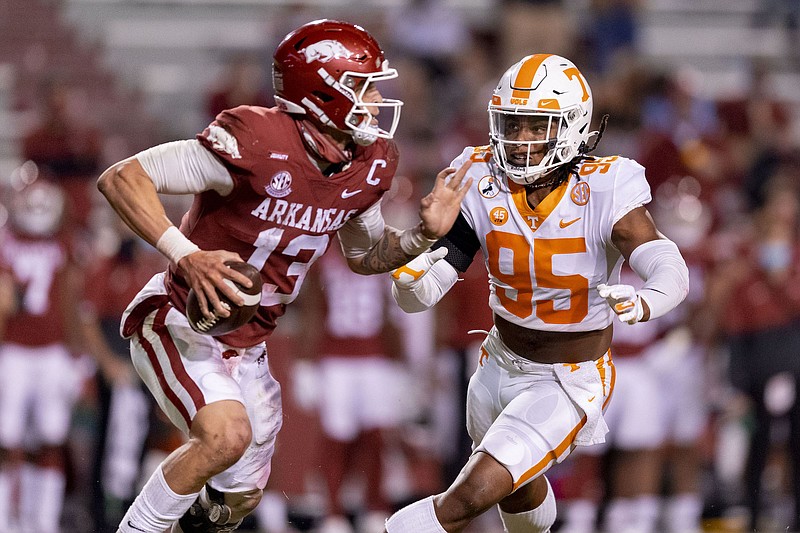 Tennessee Athletics photo by Andrew Ferguson / Arkansas quarterback Feleipe Franks riddled linebacker Kivon Bennett and the Tennessee defense during the third quarter Saturday night by completing 11 of 13 passes for 170 yards, which helped turn a 13-0 halftime deficit into a 24-13 triumph.