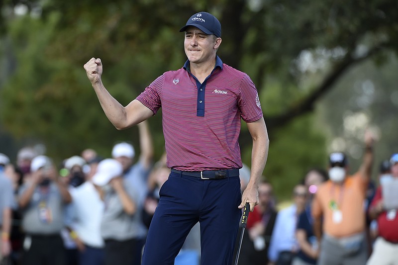 AP photo by Eric Christian Smith / Carlos Ortiz celebrates after closing his two-stroke victory at the Houston Open with a birdie on the 18th hole Sunday at Memorial Park.