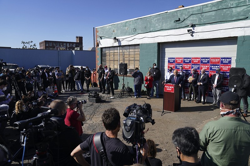 Former New York mayor Rudy Giuliani, a lawyer for President Donald Trump, speaks during a news conference on legal challenges to vote counting in Pennsylvania, Saturday Nov. 7, 2020, in Philadelphia. (AP Photo/John Minchillo)