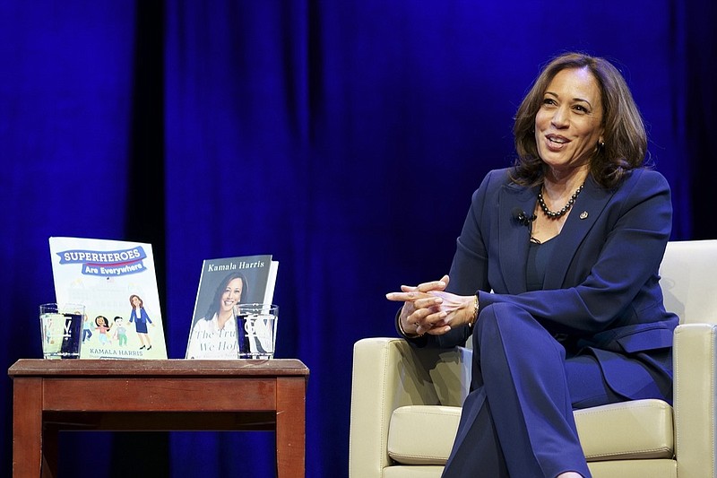 FILE - Kicking off her book tour, Sen. Kamala Harris, D-Calif. speaks at George Washington University in Washington, in this Wednesday, Jan. 9, 2019, file photo. Books by and about Kamala Harris are proving to be a popular purchase following the election. The Vice President-elect is the subject or author of four books on the Amazon top 10 Sunday, Nov. 8, 2020. (AP Photo/Sait Serkan Gurbuz, File)