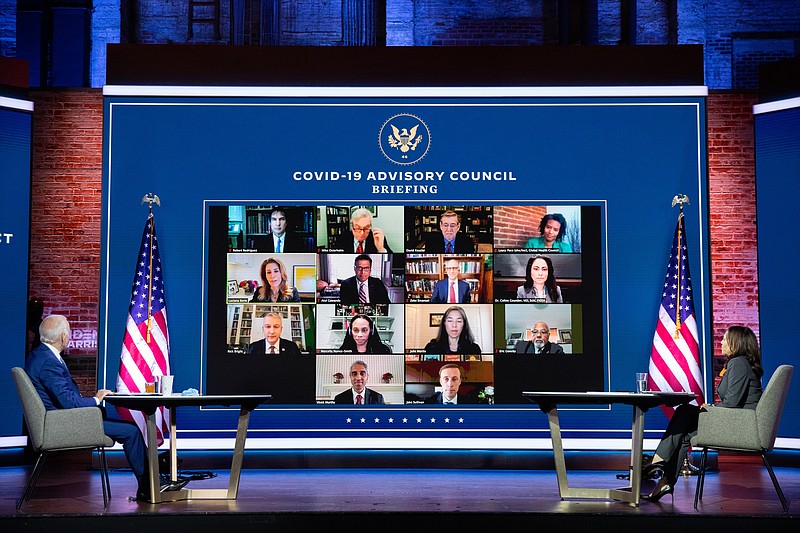 New York Times photo by Amr Alfiky / President-elect Joe Biden and Vice President-elect Kamala Harris meet with their newly appointed COVID-19 Advisor Council via teleconference in Wilmington, Delaware, on Monday.