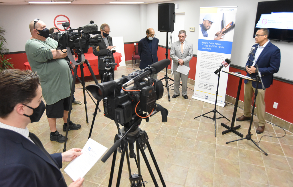 Staff Photo by Matt Hamilton / Allen Clare with the Tennessee Valley Authority speaks during a press conference at the Urban League office on Tuesday, Nov. 10, 2020.