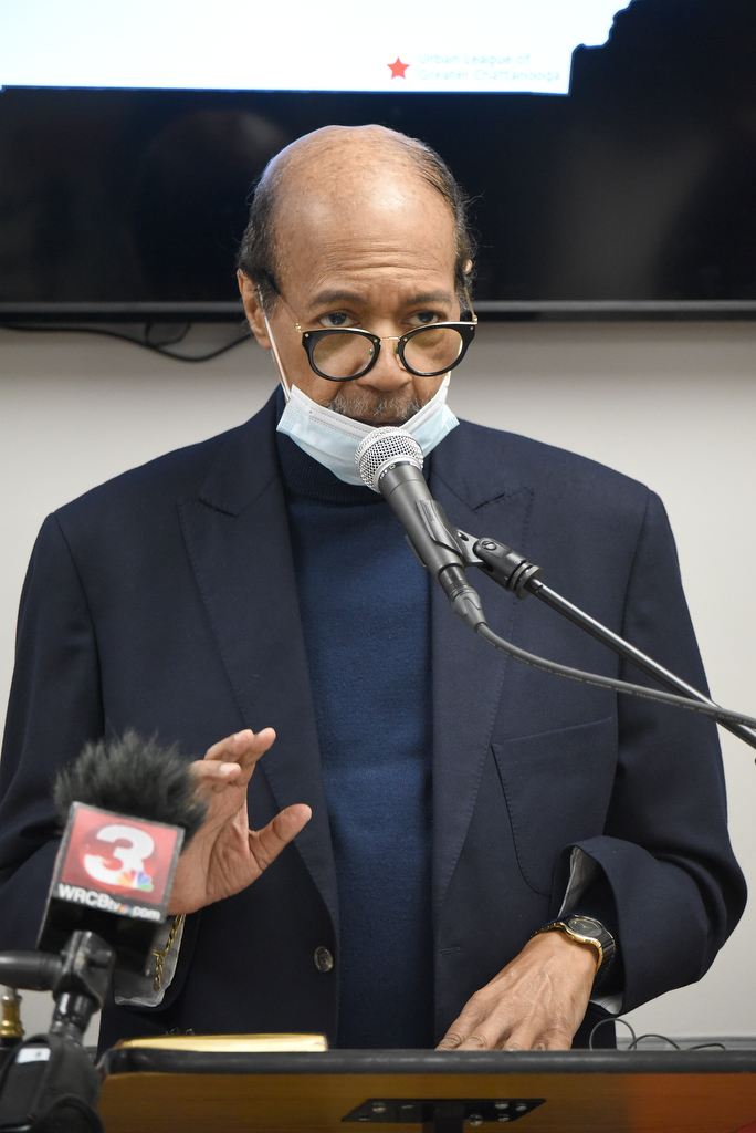 Staff Photo by Matt Hamilton / Warren E. Logan, Jr., with the Urban League, speaks during a press conference at the Urban League office on Tuesday, Nov. 10, 2020.