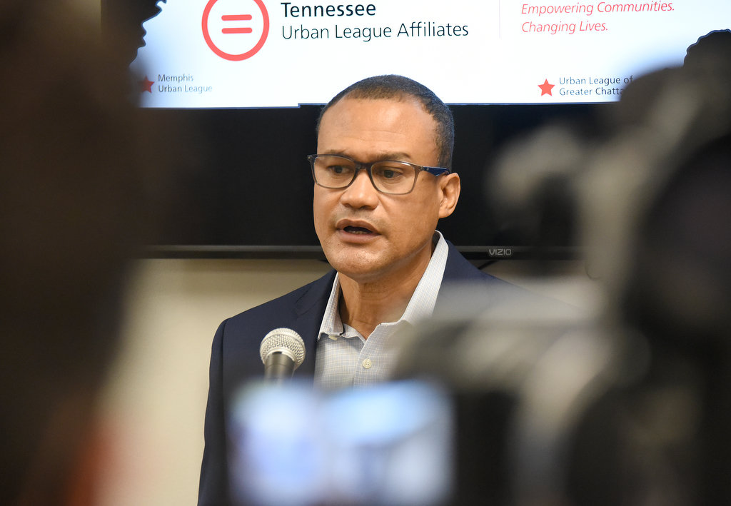 Staff Photo by Matt Hamilton / Allen Clare with the Tennessee Valley Authority speaks during a press conference at the Urban League office on Tuesday, Nov. 10, 2020.