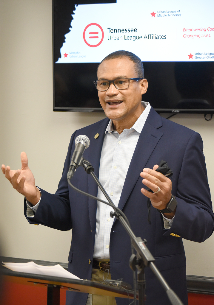 Staff Photo by Matt Hamilton / Allen Clare with the Tennessee Valley Authority speaks during a press conference at the Urban League office on Tuesday, Nov. 10, 2020.