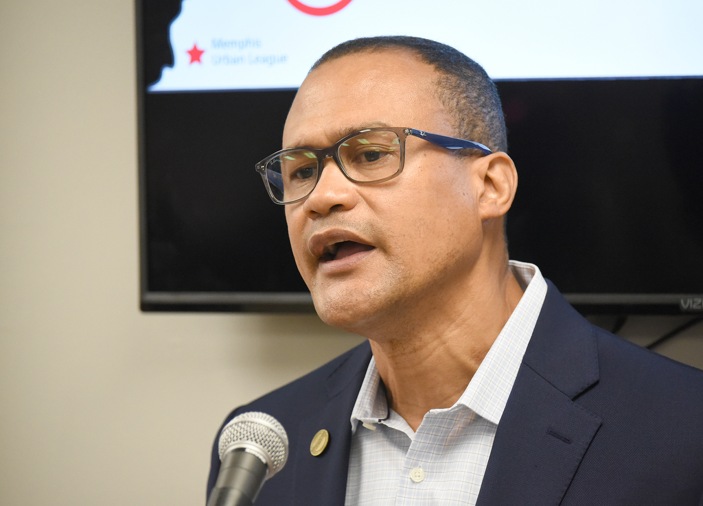 Staff Photo by Matt Hamilton / Allen Clare with the Tennessee Valley Authority speaks during a press conference at the Urban League office on Tuesday, Nov. 10, 2020.