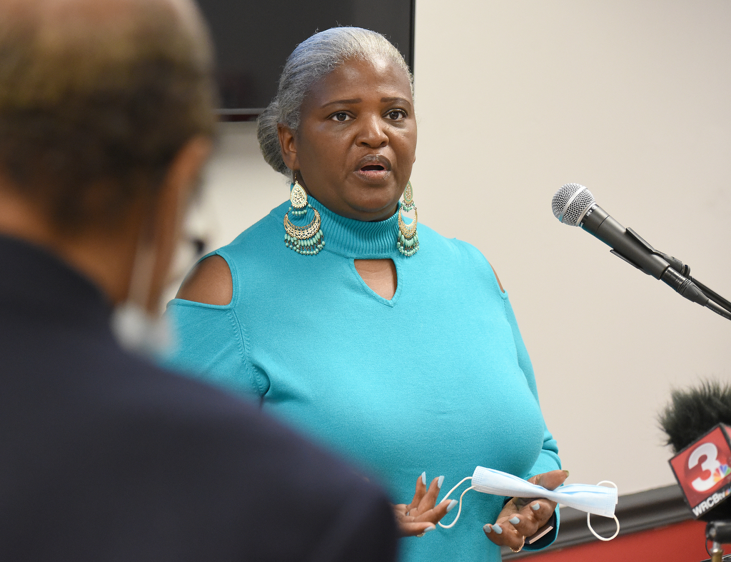 Staff Photo by Matt Hamilton / Jackie Gilliam with Gilliam Construction Cleanup speaks during a press conference at the Urban League office on Tuesday, Nov. 10, 2020.
