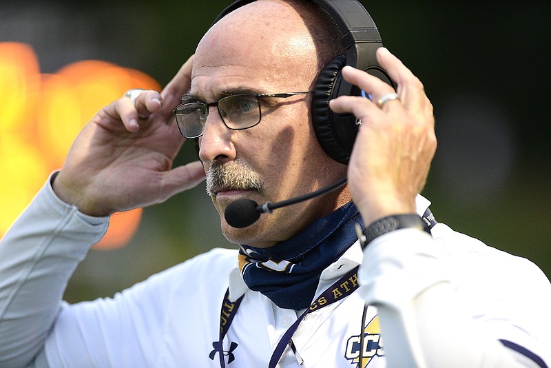 Staff Photo by Robin Rudd / Chattanooga Christian head coach Mark Mariakis watches the action.  The Chattanooga Christian Chargers hosted the Christian Academy of Knoxville Warriors in TSSAA football on September 25, 2020.