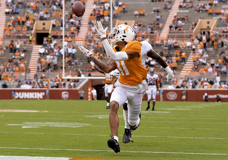 Tennessee Athletics photo by Andrew Ferguson / Tennessee freshman receiver Jalin Hyatt had two catches for 86 yards and a touchdown during last month's loss to Alabama inside Neyland Stadium.