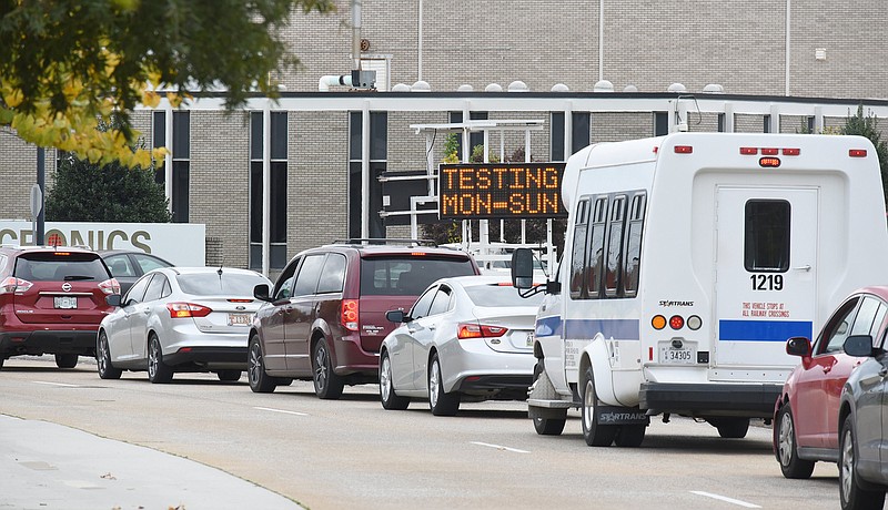 Staff Photo by Matt Hamilton / Vehicles form a line at the COVID-19 testing site at 1125 Riverfront Parkway on Tuesday, Nov. 10, 2020. 