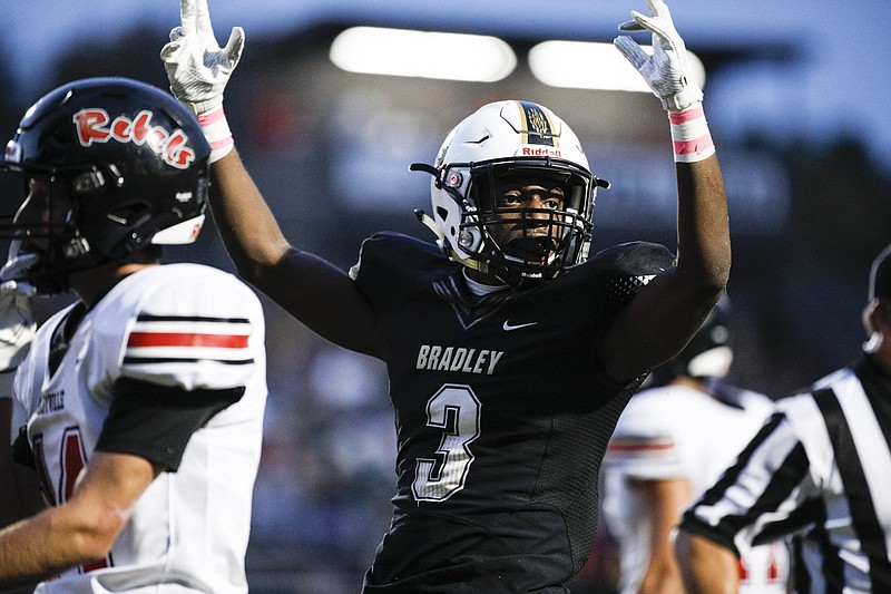 Staff photo by Troy Stolt / Bradley Central running back Javon Burke (3) celebrates after scoring a touchdown during a home game against Maryville on Oct. 8.