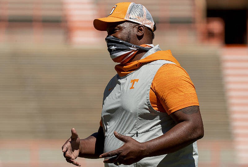 Tennessee Athletics photo by Andrew Ferguson / Running backs coach Jay Graham, pictured, and receivers coach Tee Martin were Tennessee's only football assistants who accepted pay cuts last month that were offered by the athletic department.