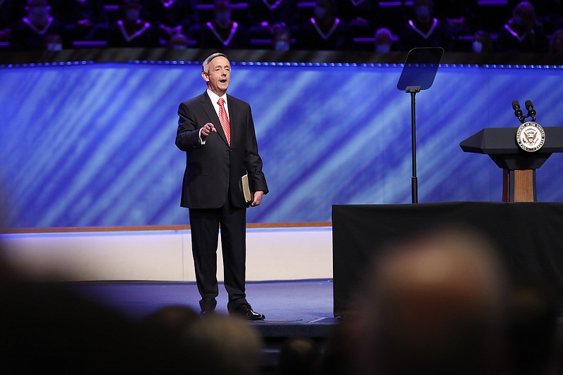 Photo by Tony Gutierrez of The Associated Press / In this Sunday, June 28, 2020 file photo, Senior Pastor Dr. Robert Jeffress addresses attendees at the Southern Baptist megachurch First Baptist Dallas during a Celebrate Freedom Rally in Dallas.