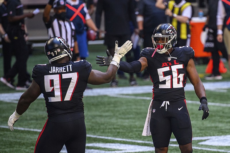 AP file photo by Danny Karnik / Atlanta Falcons defensive tackle Grady Jarrett and defensive end Dante Fowler Jr. are key players in the team's hope to finish the season strong after an 0-5 start that was followed by coach Dan Quinn being fired. Interim coach Raheem Morris is 3-1 with the Falcons off this week before returning to start a challenging run of games to finish the regular season.