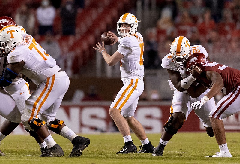 Quarterback Harrison Bailey (15) of the Tennessee Volunteers is shown during a game between the Arkansas Razorbacks and the Tennessee Volunteers at Razorback Stadium in Fayetteville, Arkansas, on Nov. 7, 2020. / Photo by Andrew Ferguson/Tennessee Athletics