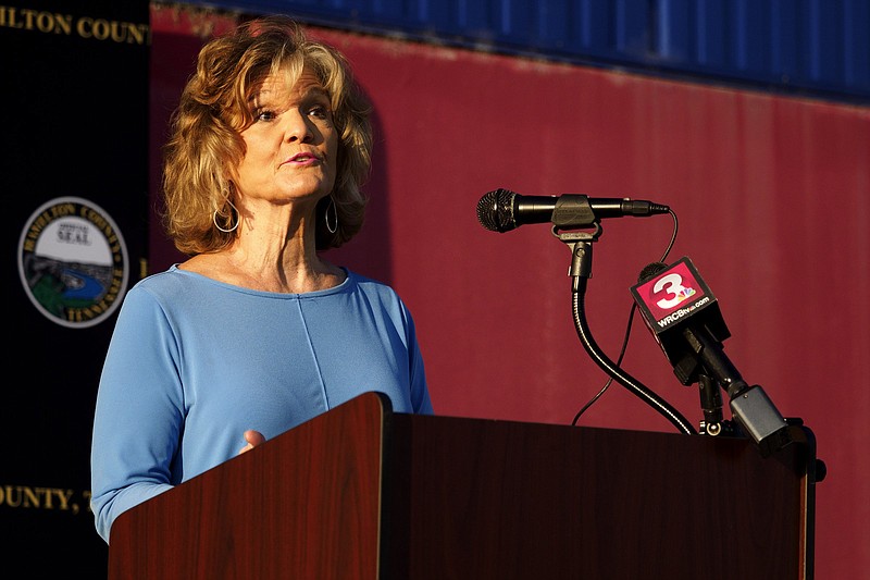 Staff photo by C.B. Schmelter / Hamilton County Health Department Administrator of Health Services Becky Barnes speaks during a news briefing before a tour of the Alstom COVID-19 testing site on Tuesday, Sept. 22, 2020 in Chattanooga, Tenn.