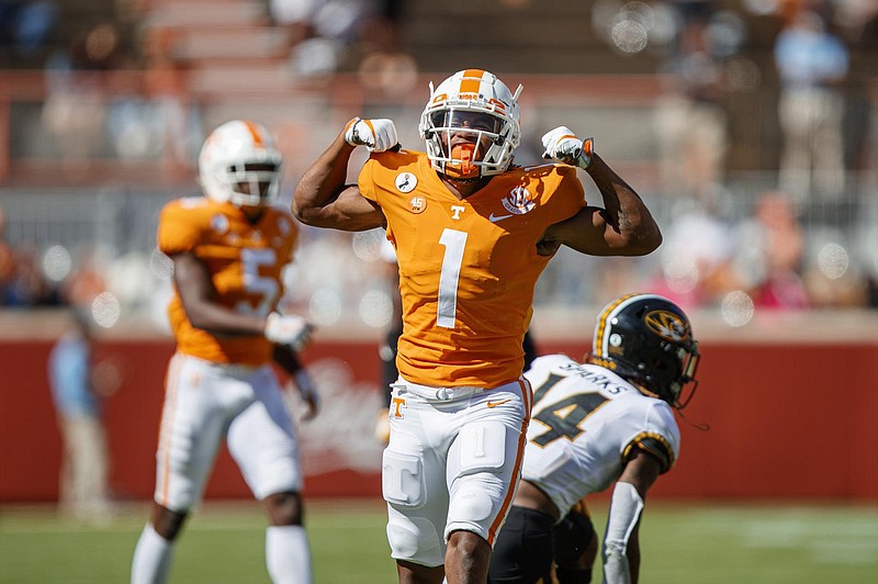 Tennessee Athletics photo / Tennessee fifth-year senior receiver Velus Jones Jr. celebrates after a 22-yard catch during the 35-12 win over Missouri on Oct. 3.