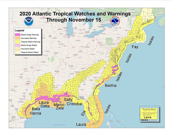 National Weather Service, via Twitter/From Texas to Maine, all but six coastal counties suffered maximum sustained winds from tropical storms and hurricanes in 2020. With at least 29 named storms, the year's hurricane season has been the busiest ever recorded — and it's not over.