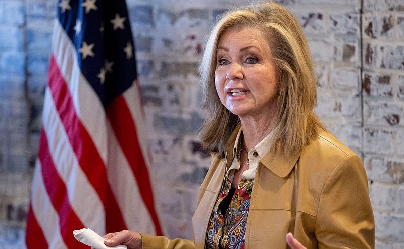 U.S. Sen. Marsha Blackburn speaks Monday, Nov. 2, 2020, while campaigning with Bill Hagerty at the Republican Party of Shelby County headquarters in Cordova. / Max Gersh/The Commercial Appeal