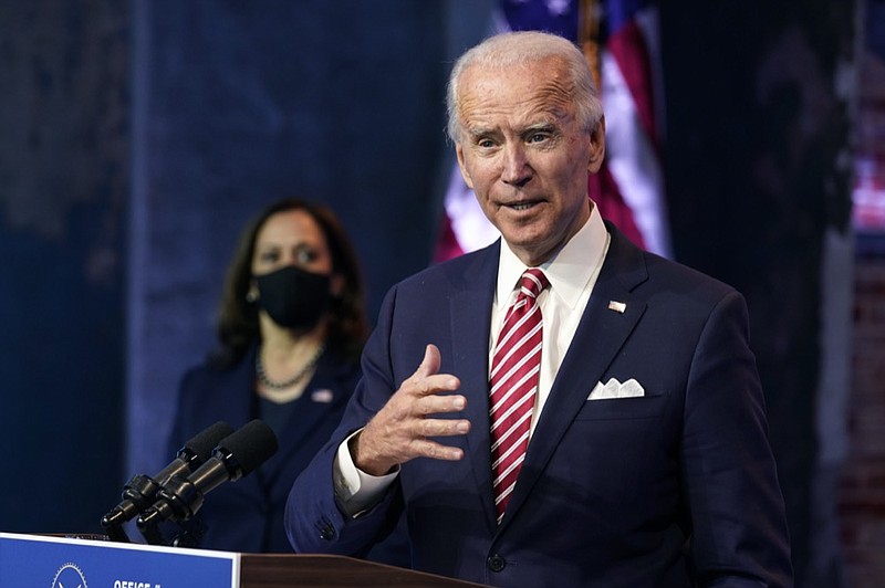 President-elect Joe Biden, accompanied by Vice President-elect Kamala Harris, speaks about economic recovery at The Queen theater, Monday, Nov. 16, 2020, in Wilmington, Del. (AP Photo/Andrew Harnik)


