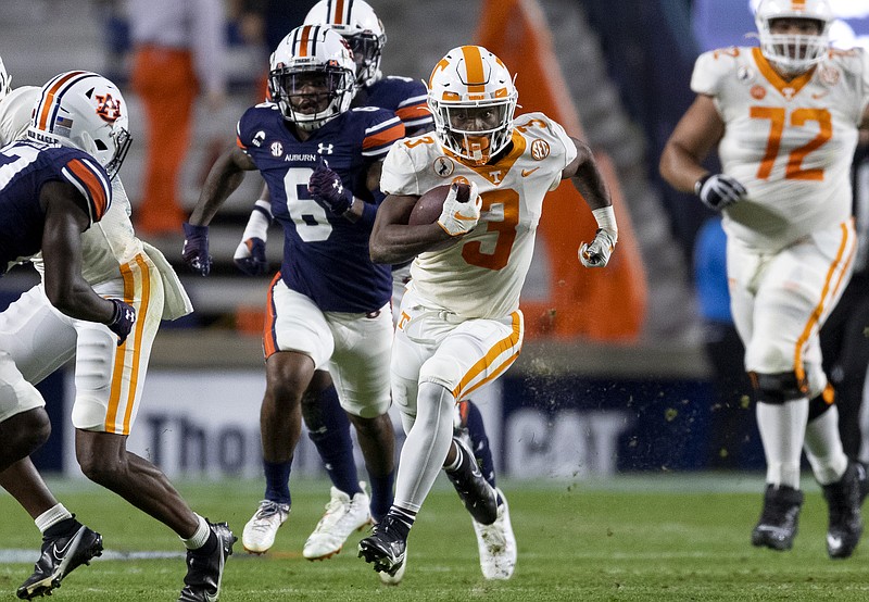 Tennessee Athletics photo by Andrew Ferguson / Tennessee sophomore running back Eric Gray had 22 carries for 173 yards and a touchdown Saturday night in the Vols' 30-17 loss at Auburn.