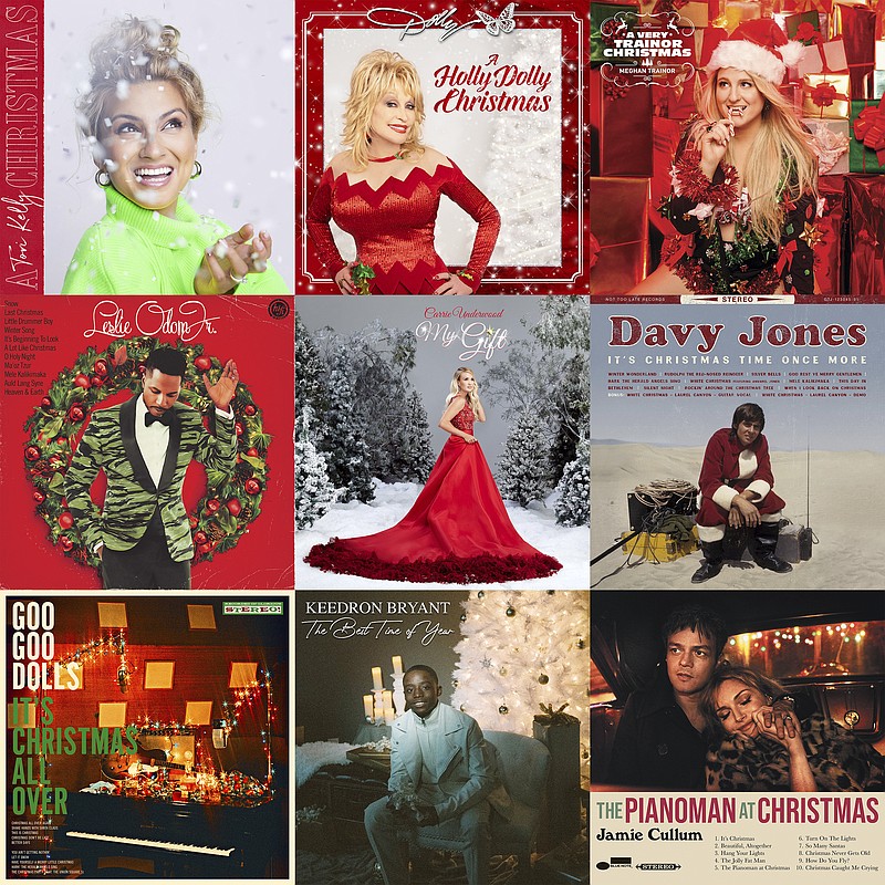 This combination photo shows holiday album covers, top row from left, "A Tori Kelly Christmas" by Tory Kelly, "A Holly Dolly Christmas" by Dolly Parton, "A Very Trainor Christmas" by Meghan Trainor, second row from left, "The Christmas Album" by Leslie Odom Jr., "The Gift," by Carrie Underwood, "It's Christmas Time Once More" by Davy Jones, bottom row from left, "It's Christmas All Over" by the Goo Goo Dolls, "The Best Time of Year" by Keedron Bryant and "The Pianoman at Christmas" by Jamie Cullum. (Capitol and Schoolboy/Butterfly/Epic/S-Curve Records and BMG/Capitol Records Nashville/Not Too Late Records/Warner/Warner/Blue Note via AP)

