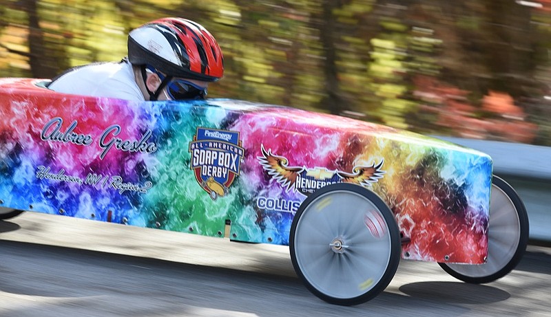 Staff Photo by Matt Hamilton / Aubree Gresko, 9, of Las Vegas, Nevada begins a run at the Redoubt Soccer Complex in Chattanooga on Friday, Nov. 27, 2020. The soap box derby invitational event began Friday with open practice and will commence with the main event Saturday at 8:30 a.m. 