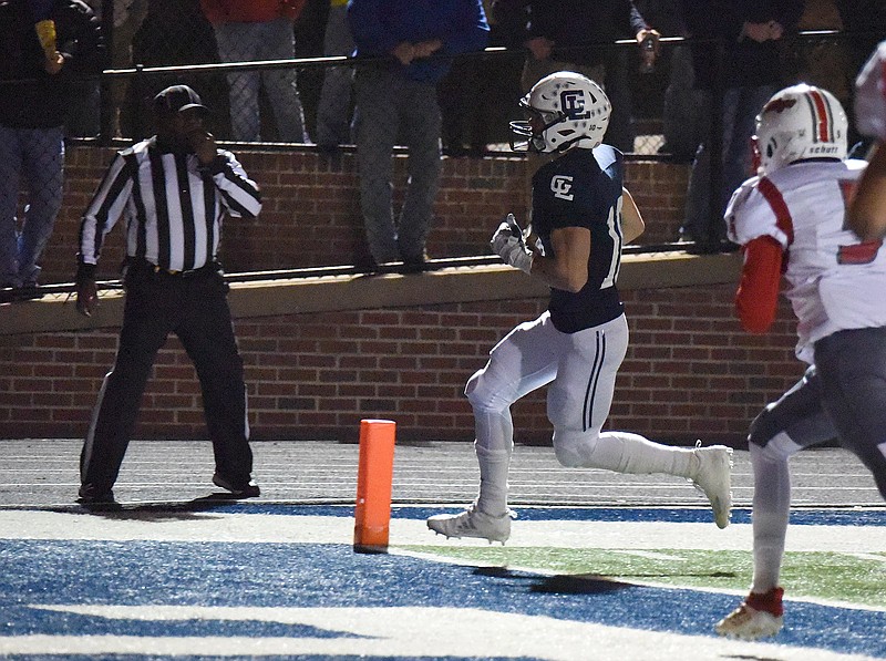 Staff photo by Matt Hamilton / Gordon Lee running back Cade Peterson trots into the end zone for a touchdown during Friday's GHSA Class A public playoff win against Georgia Military College Prep in Chickamauga, Ga. The host Trojans won 56-0 in their first home playoff game in 13 years, advancing to a second-round game at Commerce.