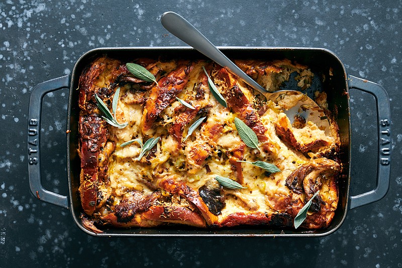 Sweet or savory, such as this mushroom-stuffed version, bread pudding is a perfect dish for cold weather. / Photo by David Malosh/The New York Times