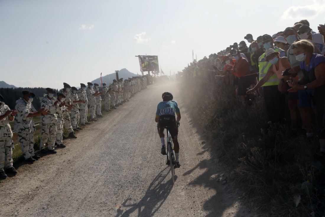 Colombia's Harold Tejada climbs Plateau des Glieres during the stage 18 of the Tour de France cycling race over 175 kilometers (108.7 miles) from Meribel to La Roche-sur-Foron, France, on Sept. 17, 2020. (AP Photo/Thibault Camus)