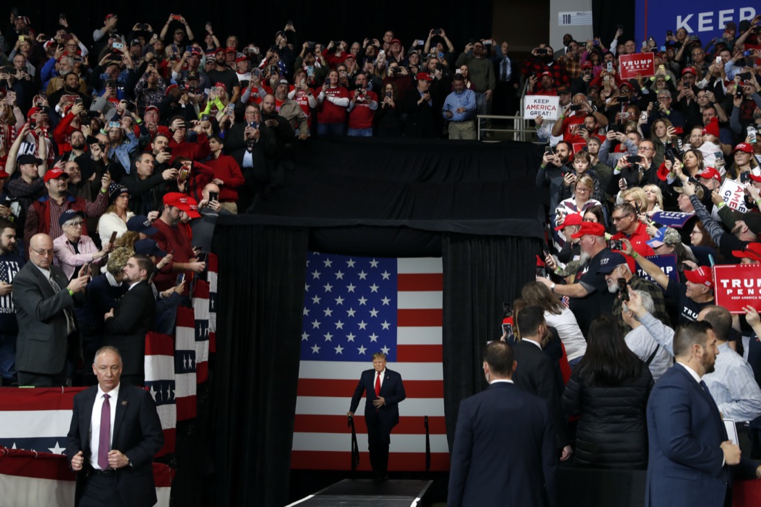President Donald Trump arrives at a campaign rally in Toledo, Ohio, on Jan. 9, 2020. (AP Photo/Jacquelyn Martin)