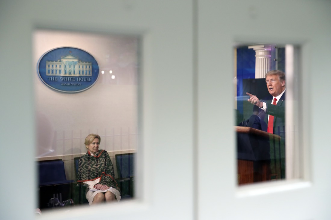 President Donald Trump holds a press conference about the coronavirus at the White House in Washington on April 13, 2020. At left is Dr. Deborah Birx, White House coronavirus response coordinator. (AP Photo/Alex Brandon)