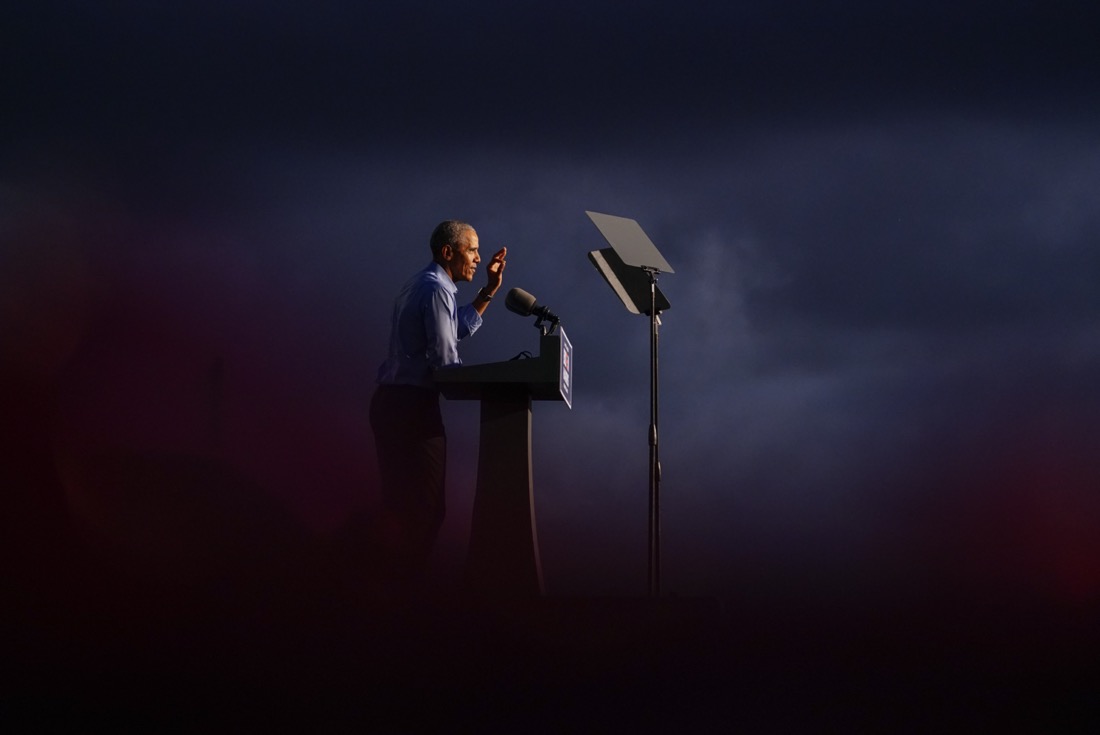 Former President Barack Obama speaks at Citizens Bank Park in Philadelphia as he campaigns for Democratic presidential candidate former Vice President Joe Biden on Oct. 21, 2020. (AP Photo/ Matt Slocum)