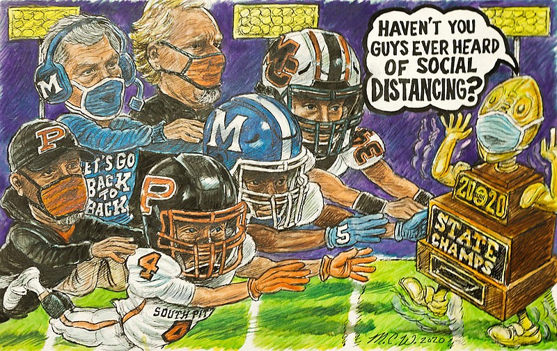 Staff drawing by Mark Wiedmer / A trio of Chattanooga-area high school football coaches and running backs hope to help their teams to a TSSAA state title at this week's BlueCross Bowl at Tennessee Tech in Cookeville. Depicted from left are South Pittsburg's Vic Grider and Hunter Frame, McCallie's Ralph Potter and B.J. Harris, and Meigs County's Jason Fitzgerald and Will Meadows.