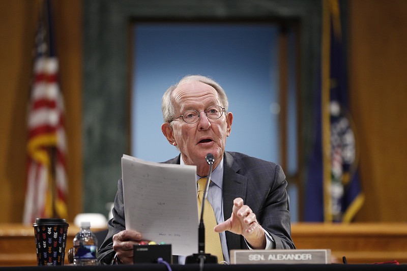 FILE - In this May 7, 2020, file photo Chairman Sen. Lamar Alexander, R-Tenn., gives his opening statement during a Senate Health Education Labor and Pensions Committee hearing on new coronavirus tests on Capitol Hill in Washington. (AP Photo/Andrew Harnik, Pool, File)