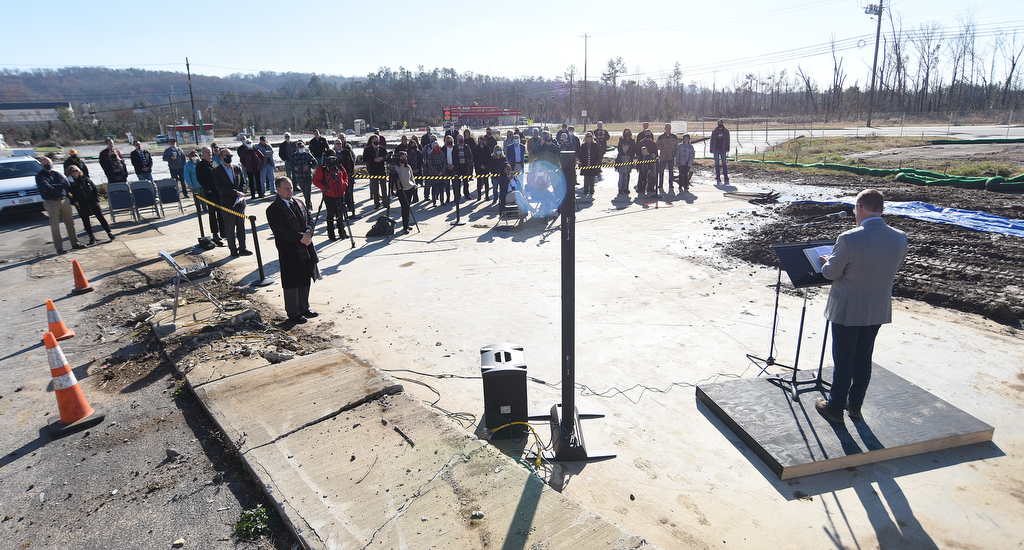 Staff Photo by Matt Hamilton / Pastor Adam Love speaks during a groundbreaking ceremony at the former site of Grace Baptist Church and Academy school on Saturday, Dec. 5, 2020.
