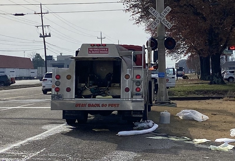 The scene of a fuel spill is seen on Friday, Dec. 11, 2020, after the Chattanooga Fire Department's fuel truck lost one of its hoses and spilled 200-300 gallons of diesel fuel in the roadway. / Photo contributed by Lindsey Rogers, CFD