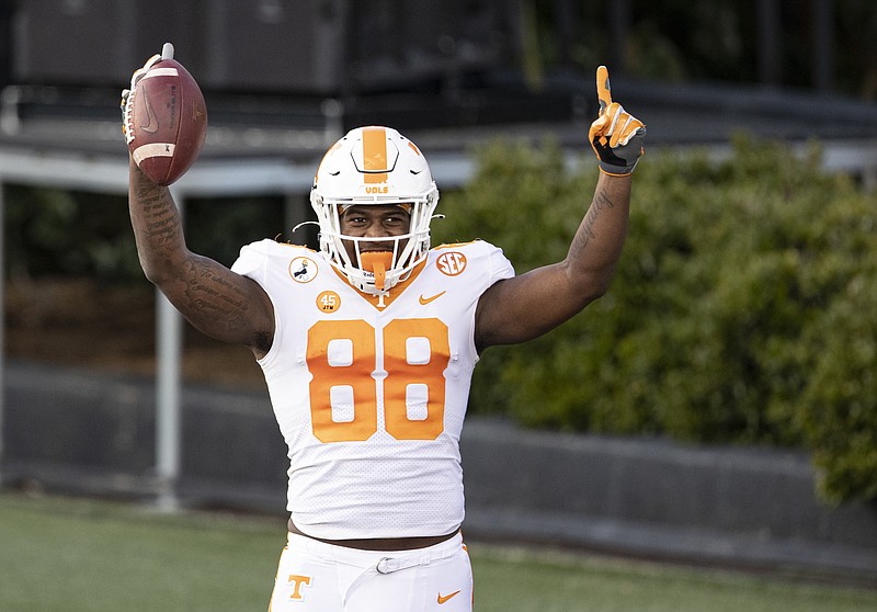AP photo by Wade Payne / Tennessee tight end Princeton Fant celebrates after scoring a touchdown against Vanderbilt on Saturday in Nashville.