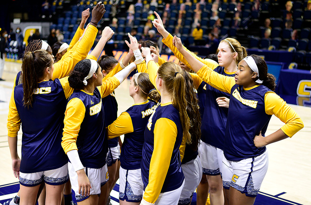 Staff Photo by Robin Rudd / The Mocs huddle before their game with Vanderbilt. The University of Tennessee at Chattanooga lost a close home game to Vanderbilt, 80-78 in NCAA women's basketball at the McKenzie Arena on December 13, 2020. .
