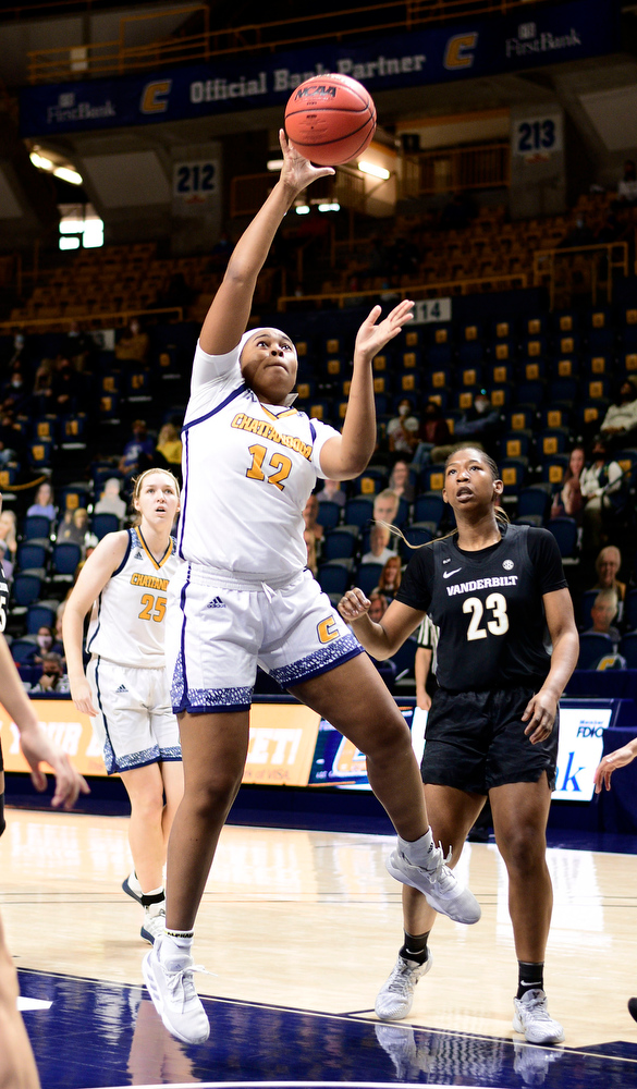 Staff Photo by Robin Rudd / Bria Dial (12) scores from the paint for the Mocs. The University of Tennessee at Chattanooga lost a close home game to Vanderbilt, 80-78 in NCAA women's basketball at the McKenzie Arena on December 13, 2020. .